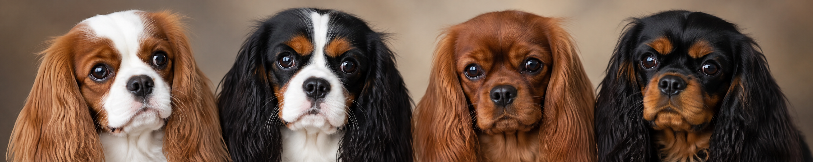 De vier kleurvariëteiten van de Cavalier King Charles Spaniel